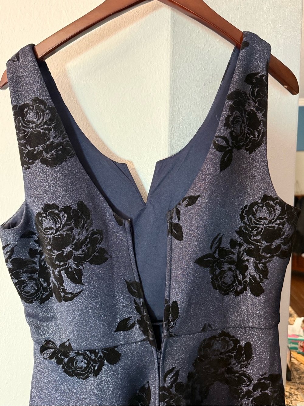 Mi Ami Large Navy Blue Floral Midi Dress with Black Flocked Burnout Velvet Roses - Picture 5 of 7